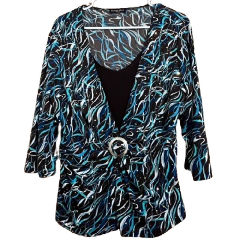 Brittany Black Women’s Blue & Green Multi Ruched Keyhole Front Detail Top Sz-M